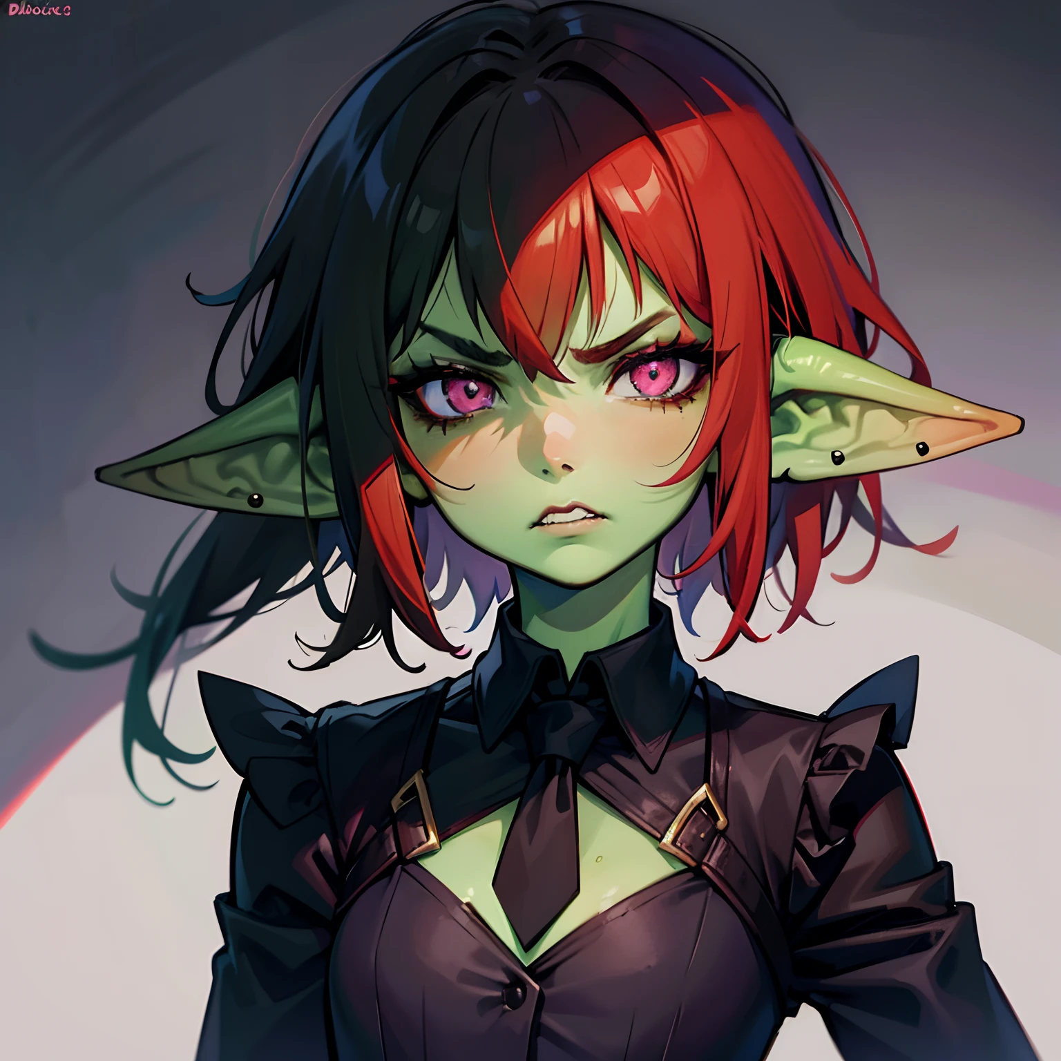 1 girl, portrait, goblin girl, green skin, red hair, short hair, bobcut, lip piercing, pink eyes, black shirt, black tie, black lipstick, black eye makeup, , angry, black background, hands behind back, office lady, buiseness suit, close-up