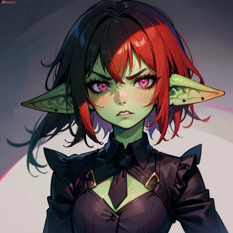 1 girl, portrait, goblin girl, green skin, red hair, short hair, bobcut, lip piercing, pink eyes, black shirt, black tie, black ...