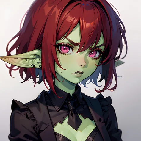 1 girl, portrait, goblin girl, green skin, red hair, short hair, bobcut, lip piercing, pink eyes, black shirt, black tie, black ...