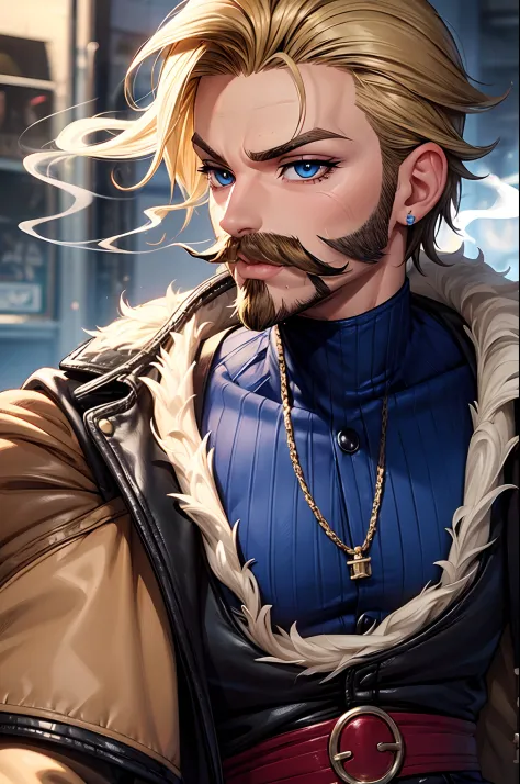 1 Bratz Boy, 1 male Bratz, 32 years old, short hair, dirty blonde, mustache, facial hair, blue eyes, blowing smoke from mouth.