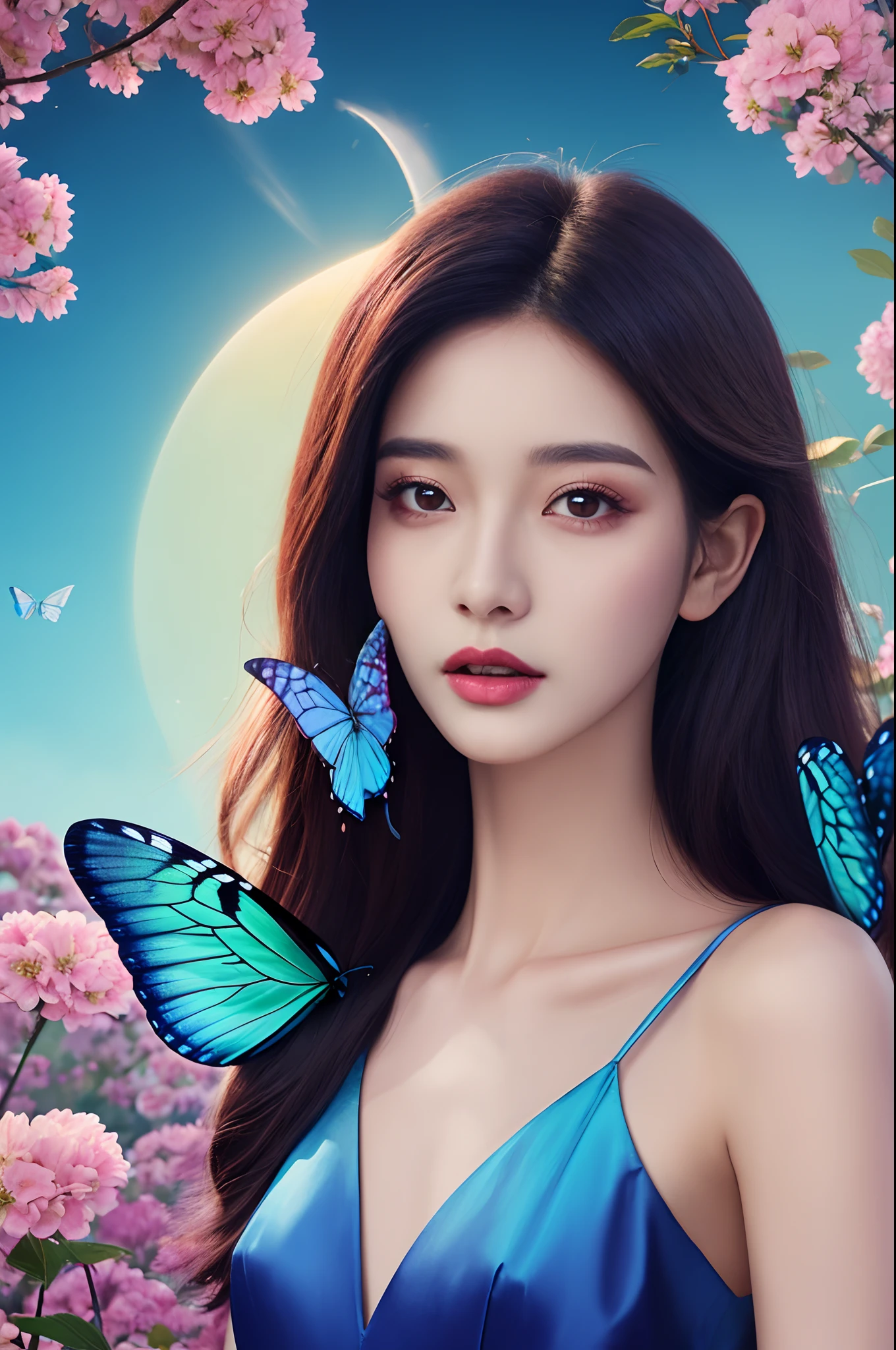 brightly colored butterfly with blue and pink wings surrounded by flowers, beautiful digital artwork, beautiful digital art, beautiful gorgeous digital art, colorfull digital fantasy art, harmony of butterfly, 4k highly detailed digital art, very beautiful digital art, beautiful digital painting, beautiful digital illustration, butterfly, 8k high quality detailed art, gorgeous digital art, beautiful art uhd 4 k, no jardim,flying,shoulder length straight blackbob hair,small head,small breasts,small face,slim,thin