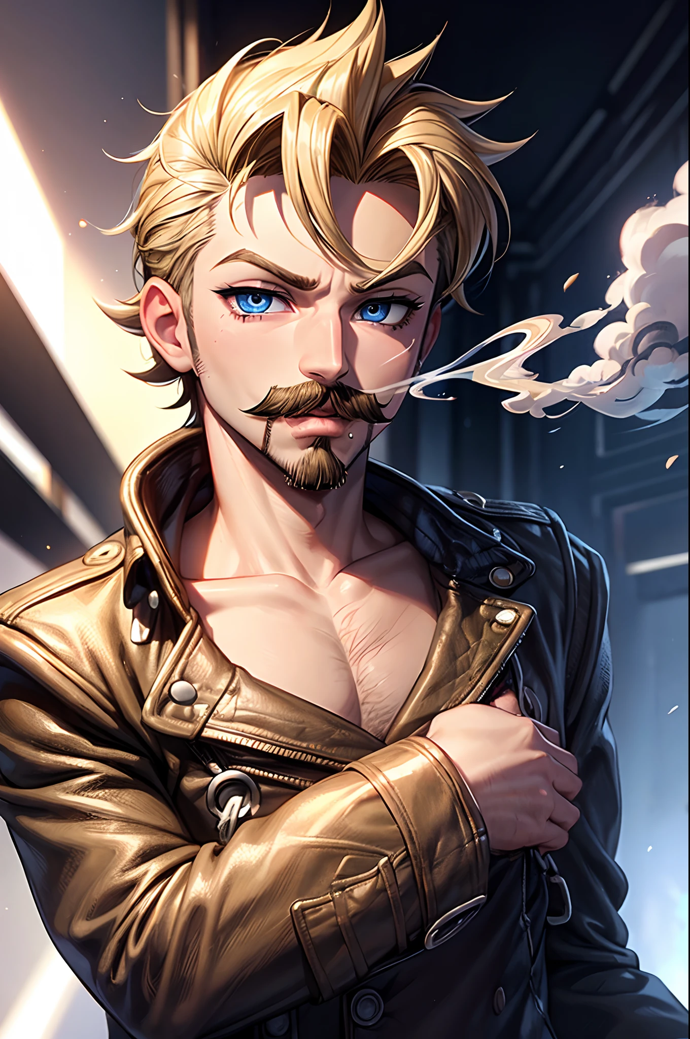 1 Bratz Boy, 1 male Bratz, 32 years old, short hair, dirty blonde, mustache, facial hair, blue eyes, blowing smoke from mouth. specular distortion