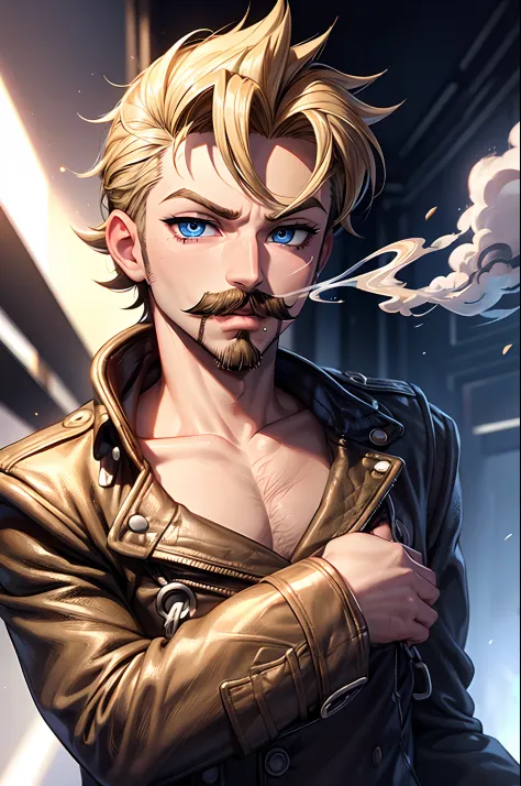 1 Bratz Boy, 1 male Bratz, 32 years old, short hair, dirty blonde, mustache, facial hair, blue eyes, blowing smoke from mouth. s...