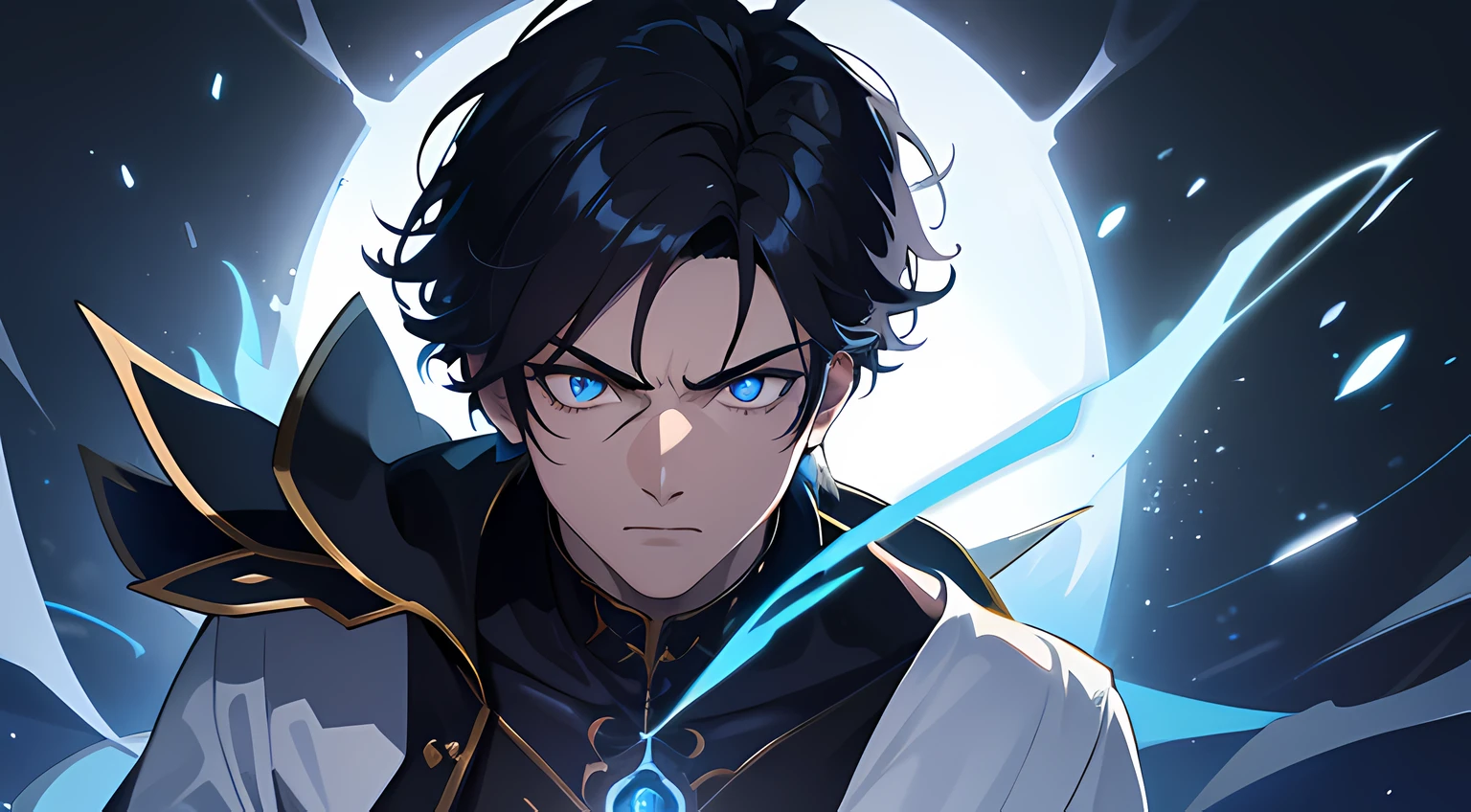 (ultra-detailed, perfect pixel, highres, best quality, beautiful eyes finely detailed), 19 years old boy, have power like demon god in manhwa, full of demonic aura, angry facial expression, red eye color (glowing blue eyes), black hair with aristocrat style outfit, elegant, detective, realistic fire, the background is full of magical particles and realistic blue fire. lens flare, glowing light, reflection light, motion blur, 8k, super detail, ccurate, best quality, Ray tracing.