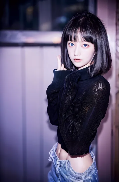 Japan Girl, teenager, 14 years old, Black-haired berry shorthair、White and thin sweater、Slim Black Denim, Her eyes are big and curious, She was excited and happy to see me, Beautiful eyes, White hair, Pink eyes, good art, Good drawings, 2D Anime, 2D, Cute,...