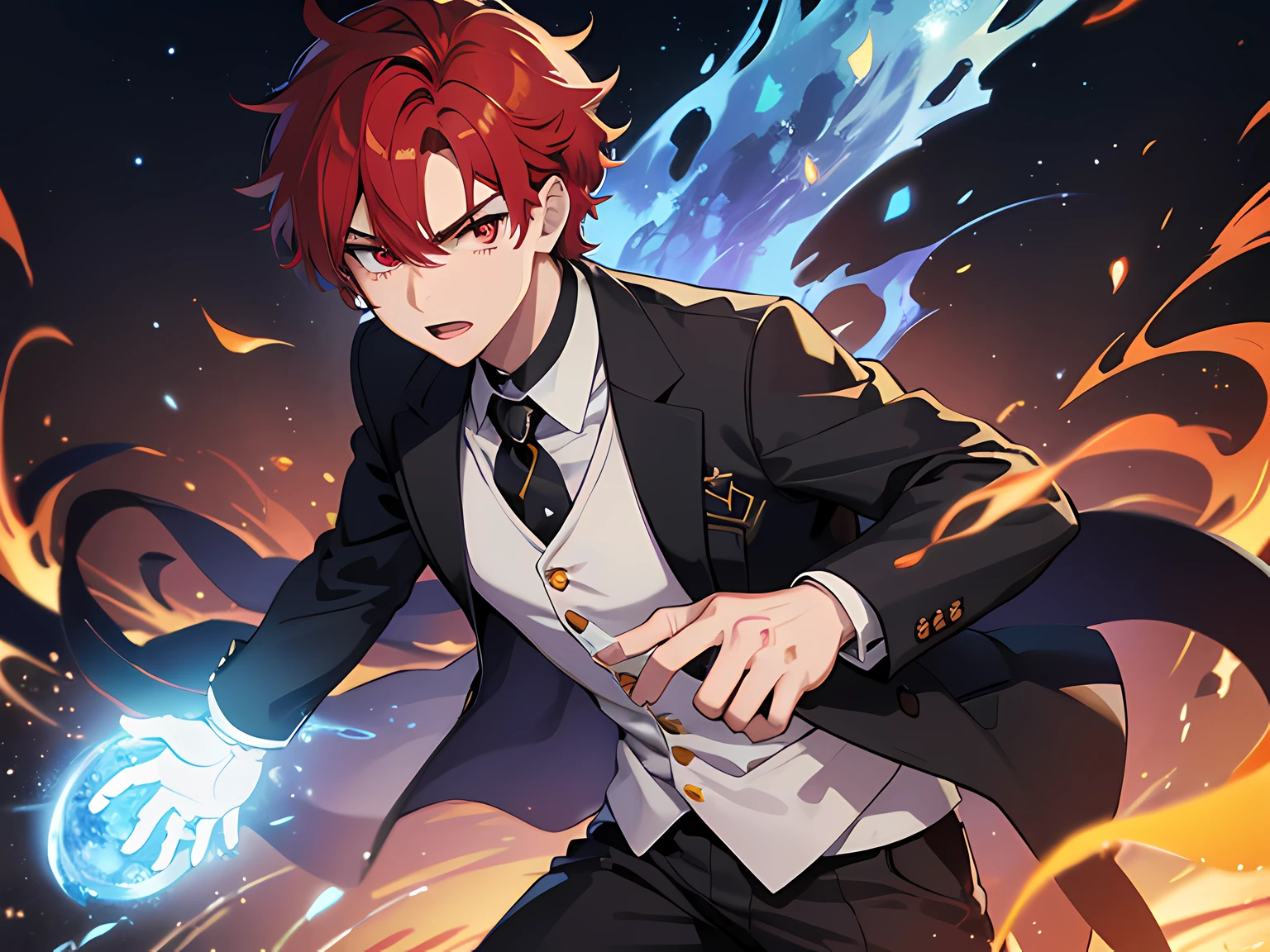 (ultra-detailed, full body illustration, perfect pixel, highres, best quality, beautiful eyes finely detailed), (full body:0.8), 19 years old boy, have power like demon god in manhwa, full of demonic aura, angry facial expression, red eye color (glowing red eyes), blue hair (half of his hair covered with blue flame), with aristocrat style outfit, elegant, detective, realistic fire, the background is full of magical particles and realistic blue fire. lens flare, glowing light, reflection light, motion blur, 8k, super detail, accurate, best quality, Ray tracing.