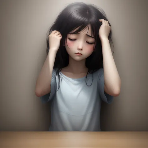 Drawing of a girl with a sad face sitting in front of a drawing - SeaArt AI