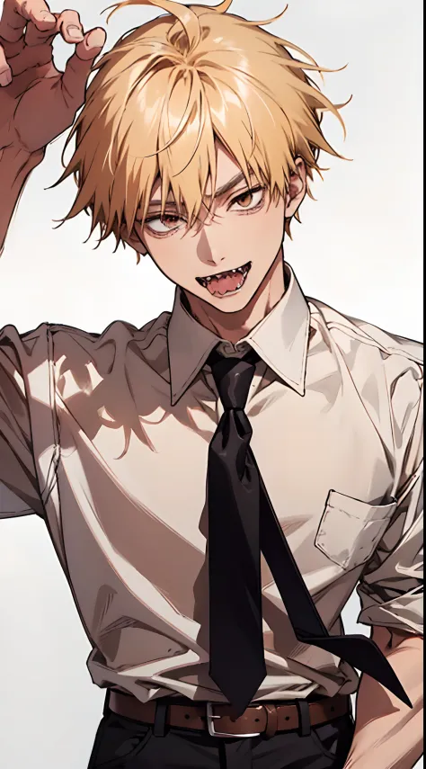 (masterpiece, best quality:1.2), cowboy shot, solo, male focus, looking at viewers,  1boy, denji, sharp teeth, blonde hair, evil smile, open mouth, sticking out tongue, 0pen, looking at viewer, blonde hair, brown eyes, white collared shirt, black necktie, ...