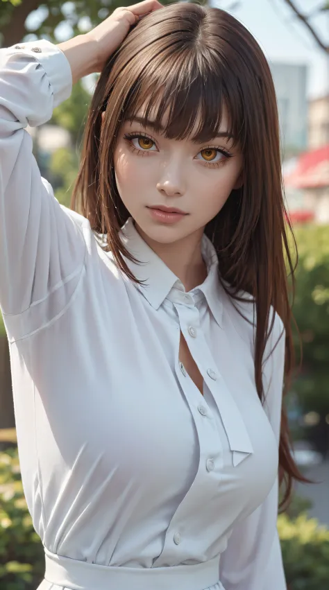 (Best quality, Masterpiece, Colorful, Dynamic Angle, highest details) Upper body photo, cheerfulness, (《Chainsaw Horror》Wrangler Horse), Fashion photography cute (Red long hair) Girl (Amazing mature woman), Dress high detail office pastoral suit, White shi...