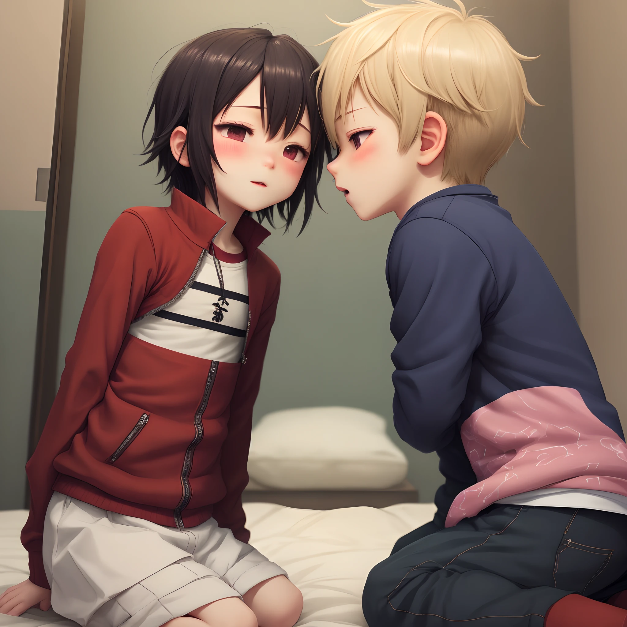 Anime boy and girl sitting on a bed facing each other - SeaArt AI