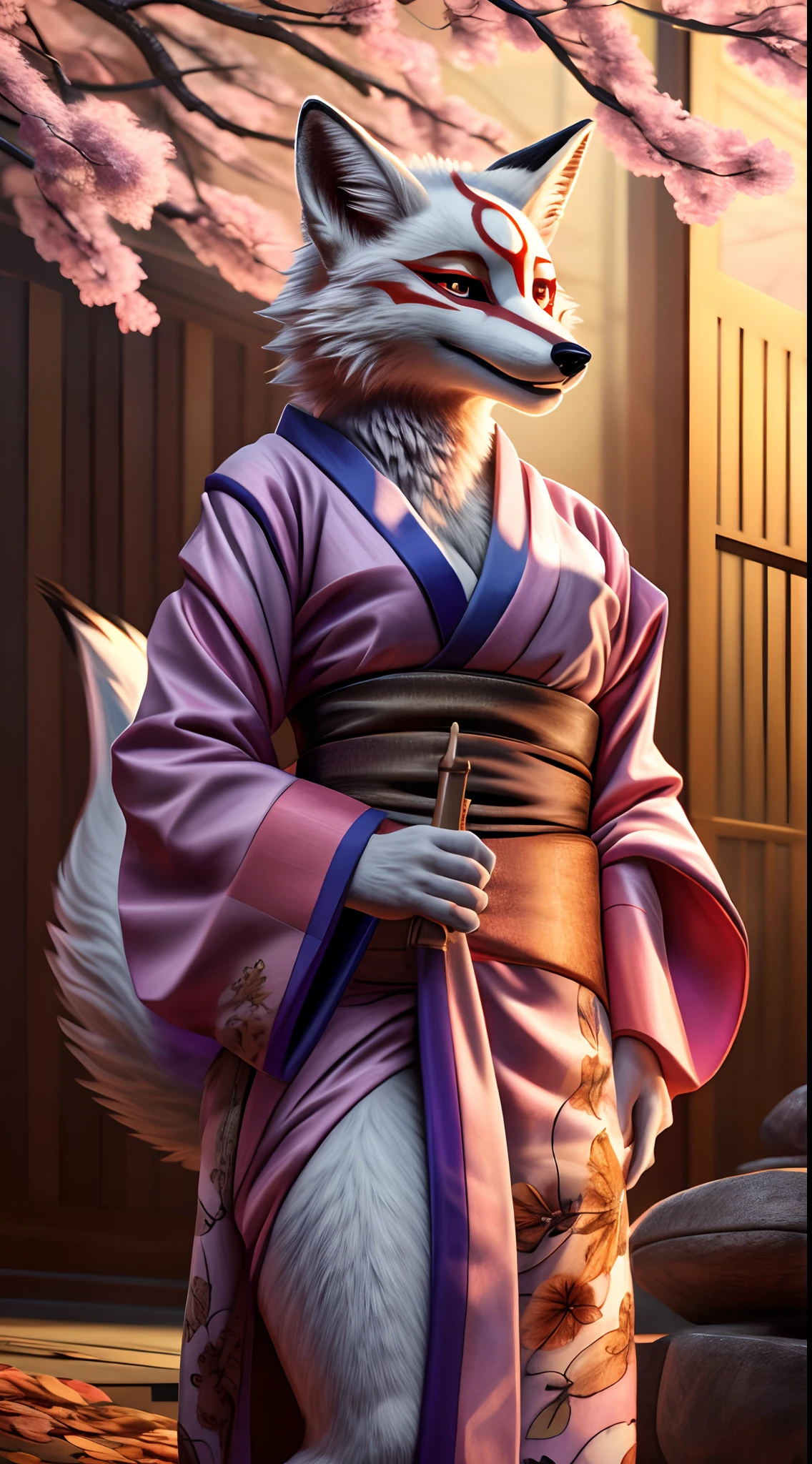 best quality,4k,8k,highres,masterpiece:1.2,ultra-detailed,realistic:1.37,illustration,medium,(furry:1.5),nine tails fox,beautiful detailed eyes,beautiful detailed lips,extremely detailed eyes and face,long eyelashes,humanoid stance,Fox girl,pink fluffy fur,fantastical background,magic aura,sparkling stars,crescent moon on forehead,sailor moon outfit and pose,Japanese cherry blossom petals floating,captivating smile,sword in hand,golden and silver jewelry,feminine and elegant gestures,shimmering silver tails intertwined,Amaterasu,Kitsune,Kumiho,(spread lowered kimono:1.5),traditional Japanese garden,autumn foliage,calm and serene atmosphere,drunk girl with flushed cheeks,sake bottle and cup,undressing in a teasing manner,vibrant colors,soft lighting,fantasy art style