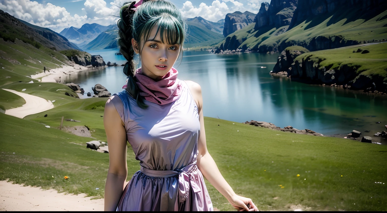 (Photo:1.3), highdetail, Bulma_teen, 1girl, solo, long hair, looking at viewer, blush, smile, bangs, blue eyes, dress, bow, ribbon, standing, hair ribbon, short sleeves, thighs, cowboy shot, outdoors, green hair, sky, day, belt, cloud, water, scarf, blue sky, short dress, grass, building, wristband, pink dress, clothes