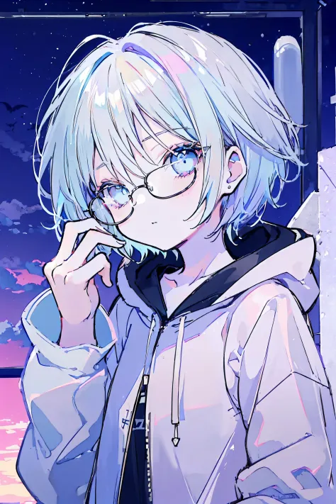 Vampire, ((((Pastel sky blue short hair))))，Blue and white hoodie，Black light-rimmed glasses，Super good looking, Especially cute...