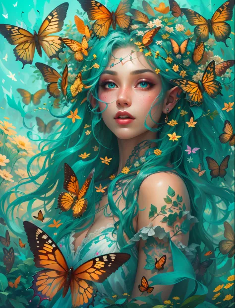 a drawing，A woman is surrounded by butterflies，A garland is worn in his hair, long light curly hair，Turquoise eyes，Thick lip，ear...