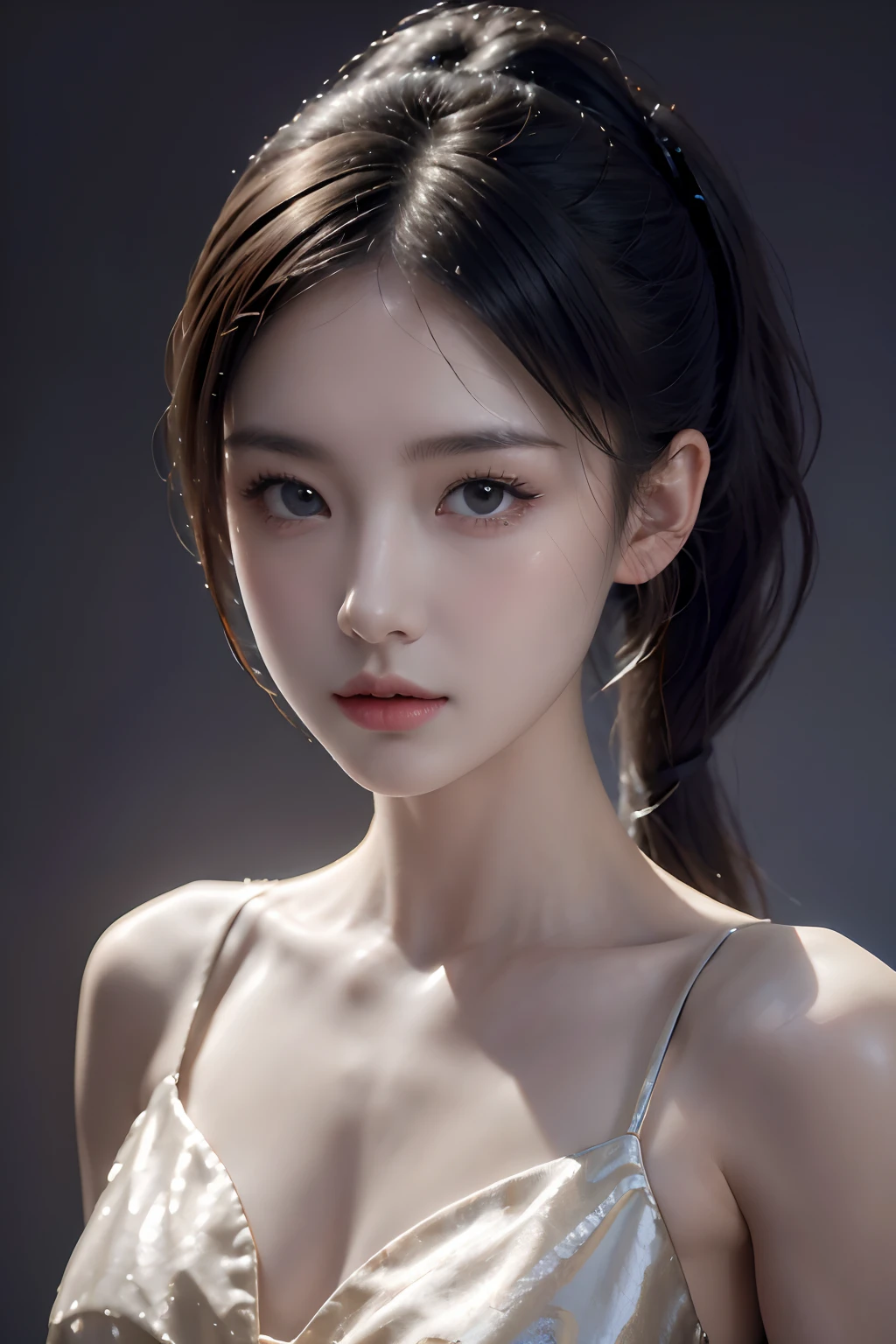 Verism, chiaroscuro, drop shadow, UHD, masterpiece, anatomically correct, textured skin, high details, high quality, highres, best quality,  girl, beautiful detailed face, short ponytail, half body shot,