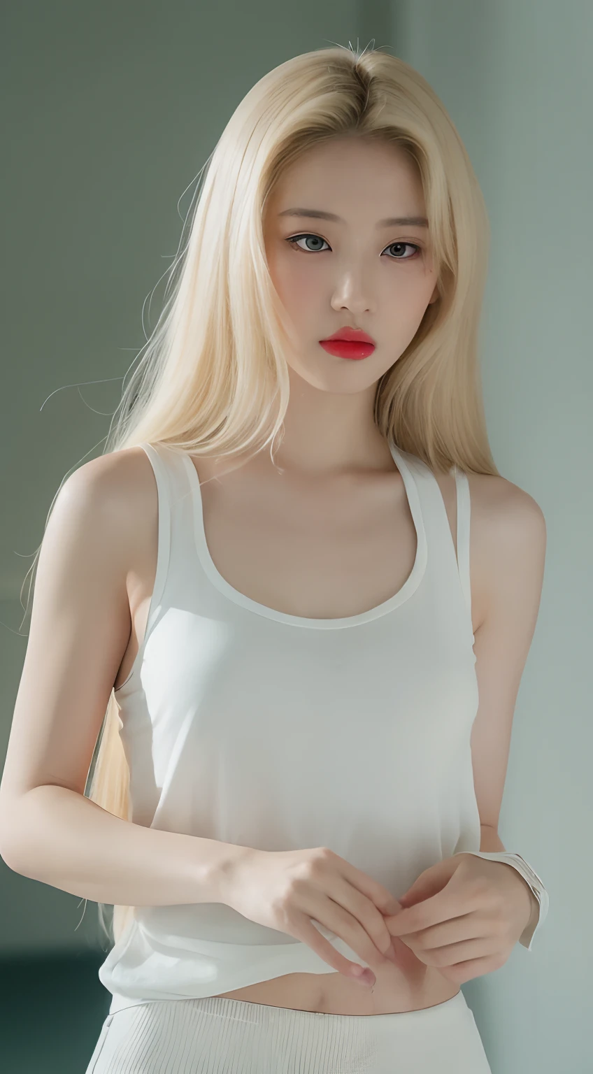 ((Best quality, 8k, Masterpiece :1.3)), Sharp focus :1.2, KPop girl Korean. Rose. Rose. 24 years old. body. slim. thin. Captivating. ((make-up face. lipstick)) blonde long blonde hair blonde

sweating. sweaty skin. wet with sweat. Tank top. Shorts)) stand. in the fitness room_ mix4, 20d, solo, photo-realistic:1.37