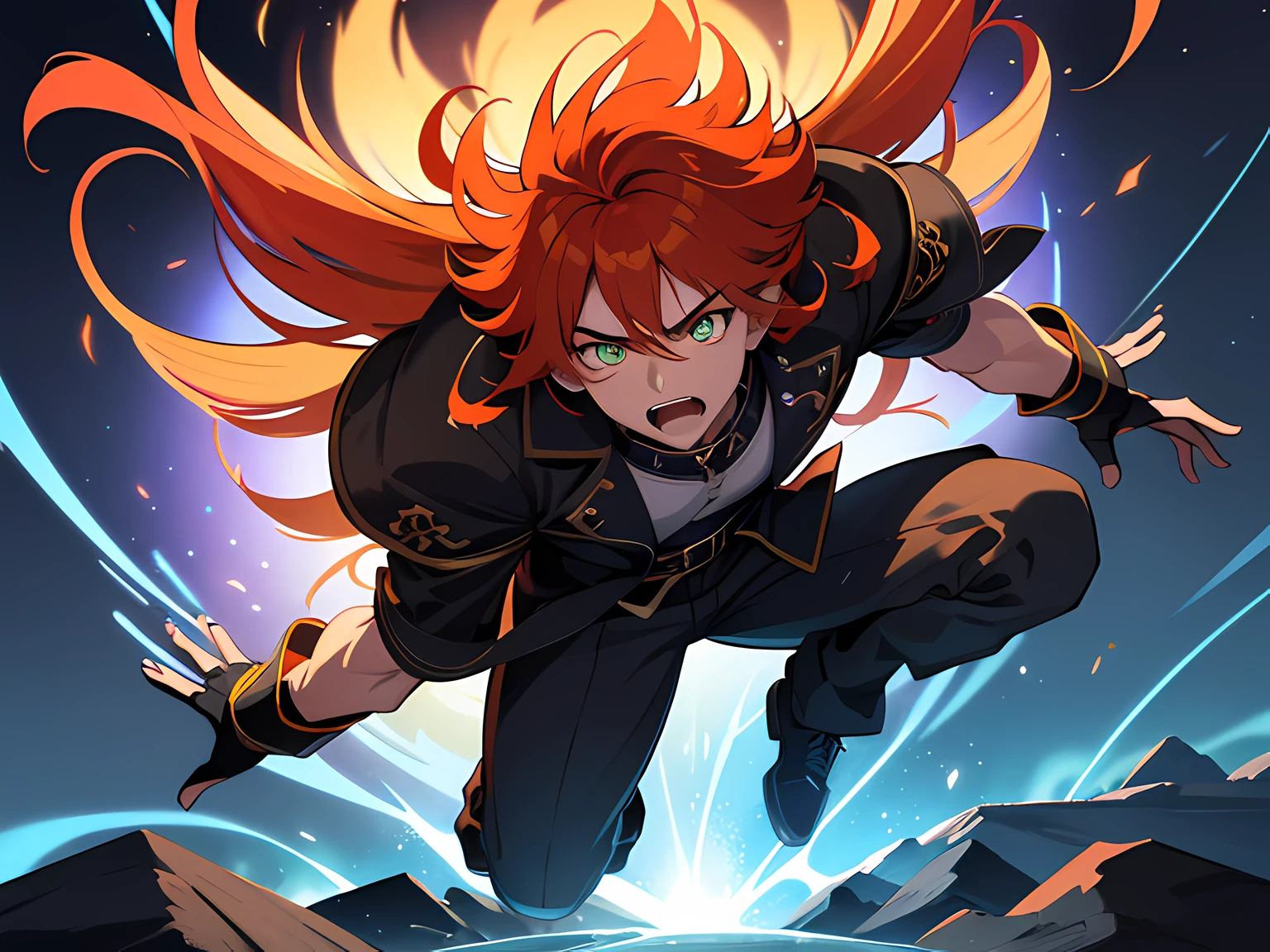 (ultra-detailed, full body illustration, perfect pixel, highres, best quality, beautiful eyes finely detailed), (full body:0.8), 19 years old boy, have power like demon god in manhwa, full of demonic aura, angry facial expression, red eye color (glowing green eyes), orange hair (half of his hair covered with blue flame), with demon outfit, elegant, detective, realistic fire, the background is full of magical particles and realistic blue fire. lens flare, glowing light, reflection light, motion blur, 8k, super detail, accurate, best quality, Ray tracing.