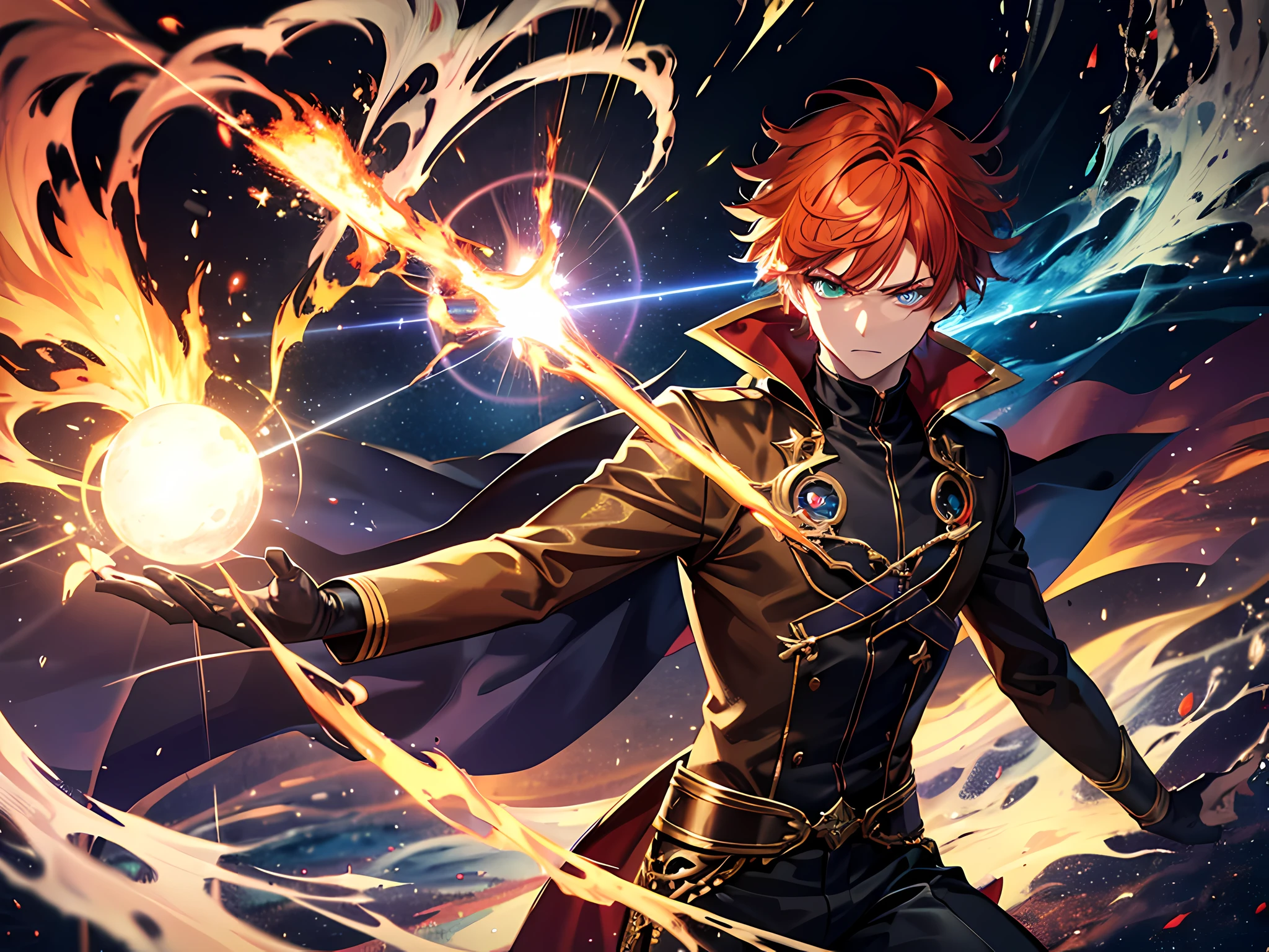 (ultra-detailed, full body illustration, perfect pixel, highres, best quality, beautiful eyes finely detailed), (full body:0.8), 19 years old boy, have power like demon god in manhwa, full of demonic aura, angry facial expression, red eye color (glowing green eyes), orange hair (half of his hair covered with blue flame), with demon outfit, elegant, detective, realistic fire, the background is full of magical particles and realistic blue fire. lens flare, glowing light, reflection light, motion blur, 8k, super detail, accurate, best quality, Ray tracing.
