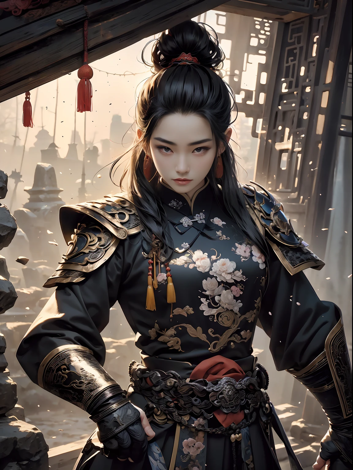 (((Chinese man))) best quality, very high resolution, detailed CG in 4K, masterpiece, woman, black hair, blue armor, Chinese people, Chinese tribes, Chinese city, forest, aesthetics, beautiful image, centered on screen , whole body