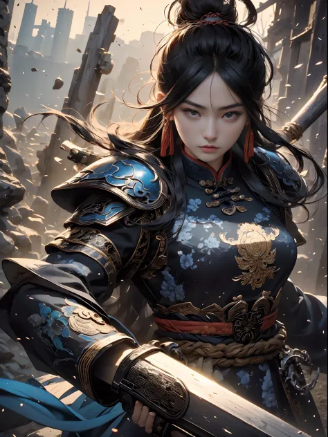 (((Chinese man))) best quality, very high resolution, detailed CG in 4K, masterpiece, woman, black hair, blue armor, Chinese peo...