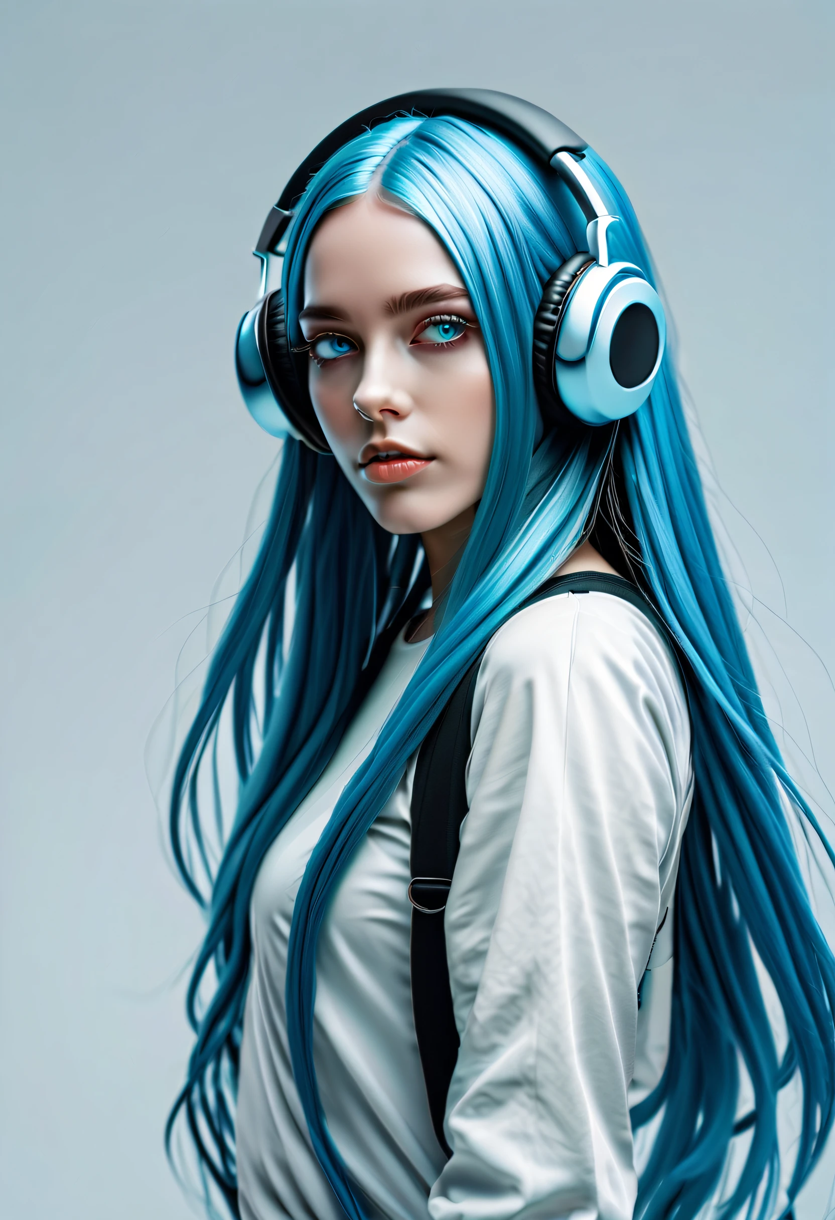 Mädchen mit langen blauen Haaren, blaue Augen, futuristische Stimmung, Maske auf dem Mund, Kopfhörer, 8k, gute Qualität, Einfacher Hintergrund, glühende Augen, Schöne Pose