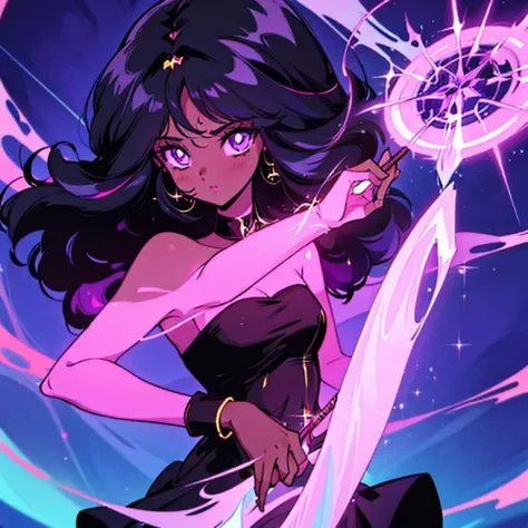 1girl, dark skin, Long black silky hair, witch casting a spell, glowing magic, colorful background, illustration