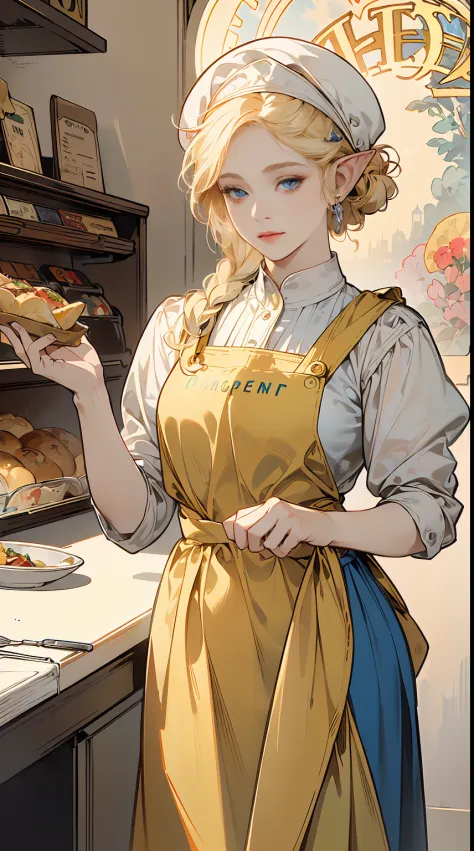 (masterpiece), best quality, expressive eyes, perfect face, (1elf girl working at a fast food restaurant), ((wearing a yellow an...