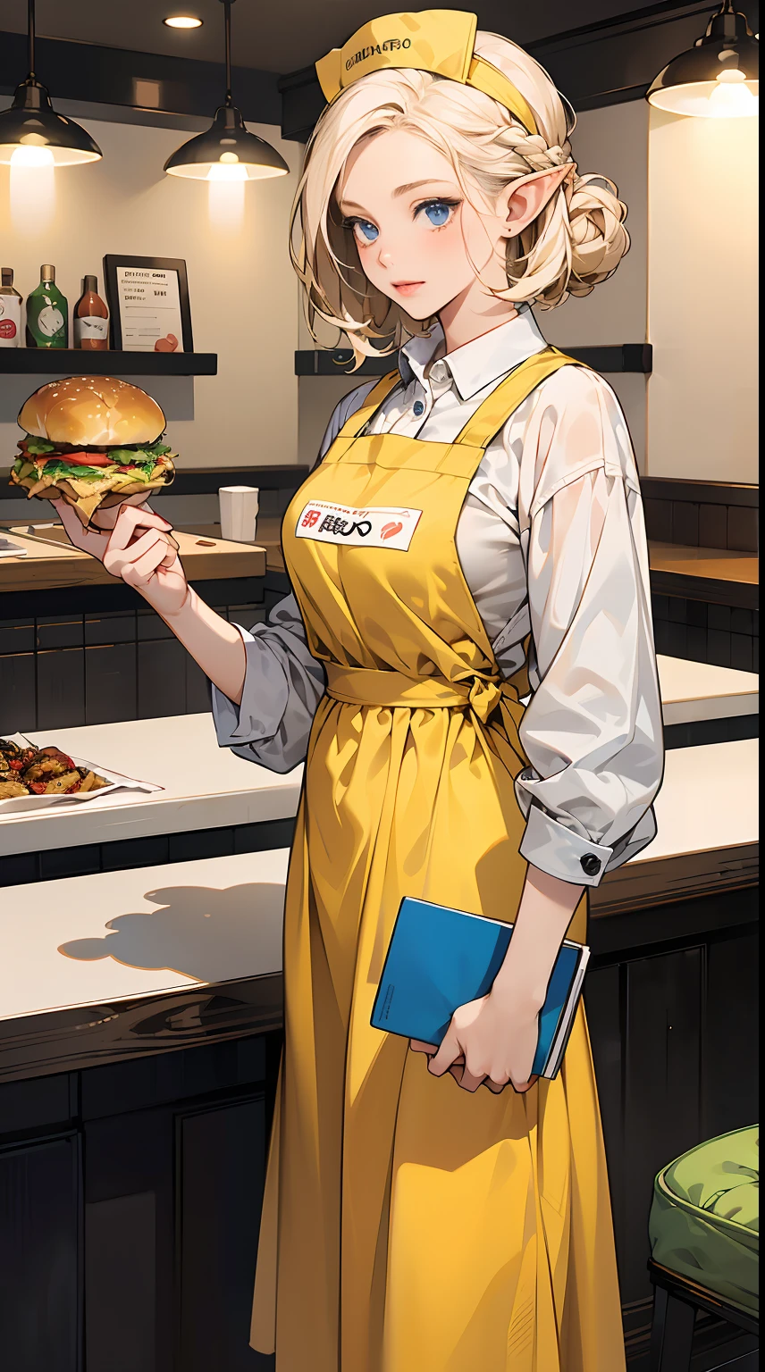 (masterpiece), best quality, expressive eyes, perfect face, (1elf girl working at a fast food restaurant), ((wearing a yellow and red apron and a food service hat)), (standing behind the cash register with the menu on the board behind her), paint on her fingers, a large soda cup sitting next to her on the counter, ((clean and colorful restaurant interior)), asymmetrical bangs, Braid Bun hair, short hair, Perfect lips, (white blonde hair, Deep Blue Eyes:1.2), Gentle expression. By Yusuke Murata.
