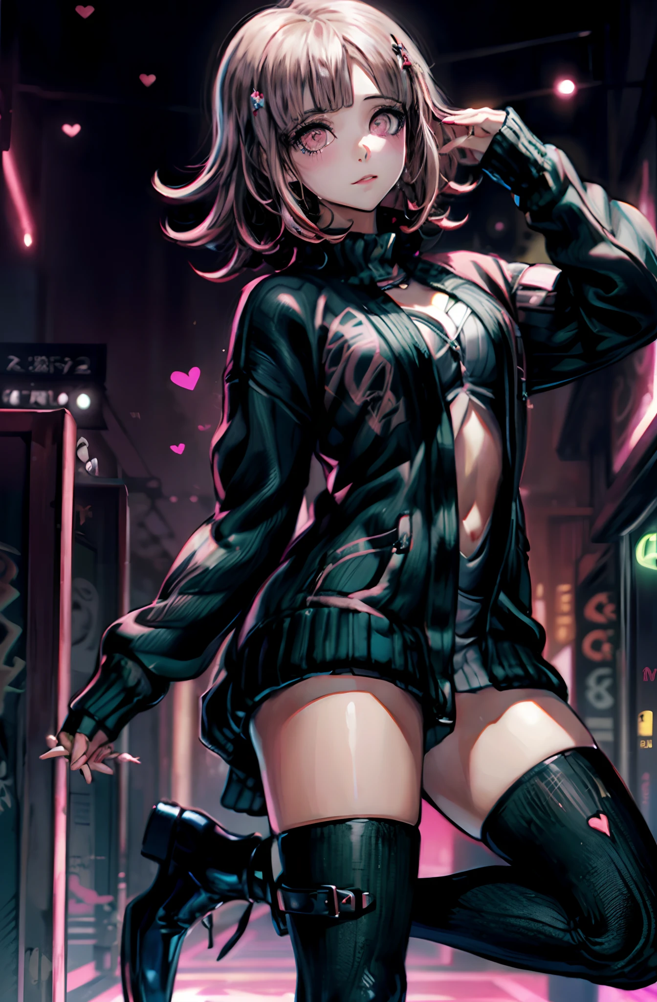 Chiaki Nanami bei einem Rave, den Betrachter mit einem verführerischen Lächeln anschauen, Vertrauenswürdige, Nachtclub, Neonlichter, kurze rosa Haare, rosa Augen, Randbereich, Traje de e-girl, (((Oben zuschneiden, übergroßer Pullover, Faltenrock, Schwarzer Kampfstiefel, geflügelter Eyeliner, Siegel in Herzform, Halsband, Riemenkette))), 20 Jahre altes Mädchen,Chiaki Nanami, Nanami Chiaki