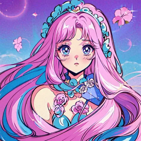 1girl, pink flowing hair, flower magical girl, siren eyes, alluring, powerful, pastel background with flowers.