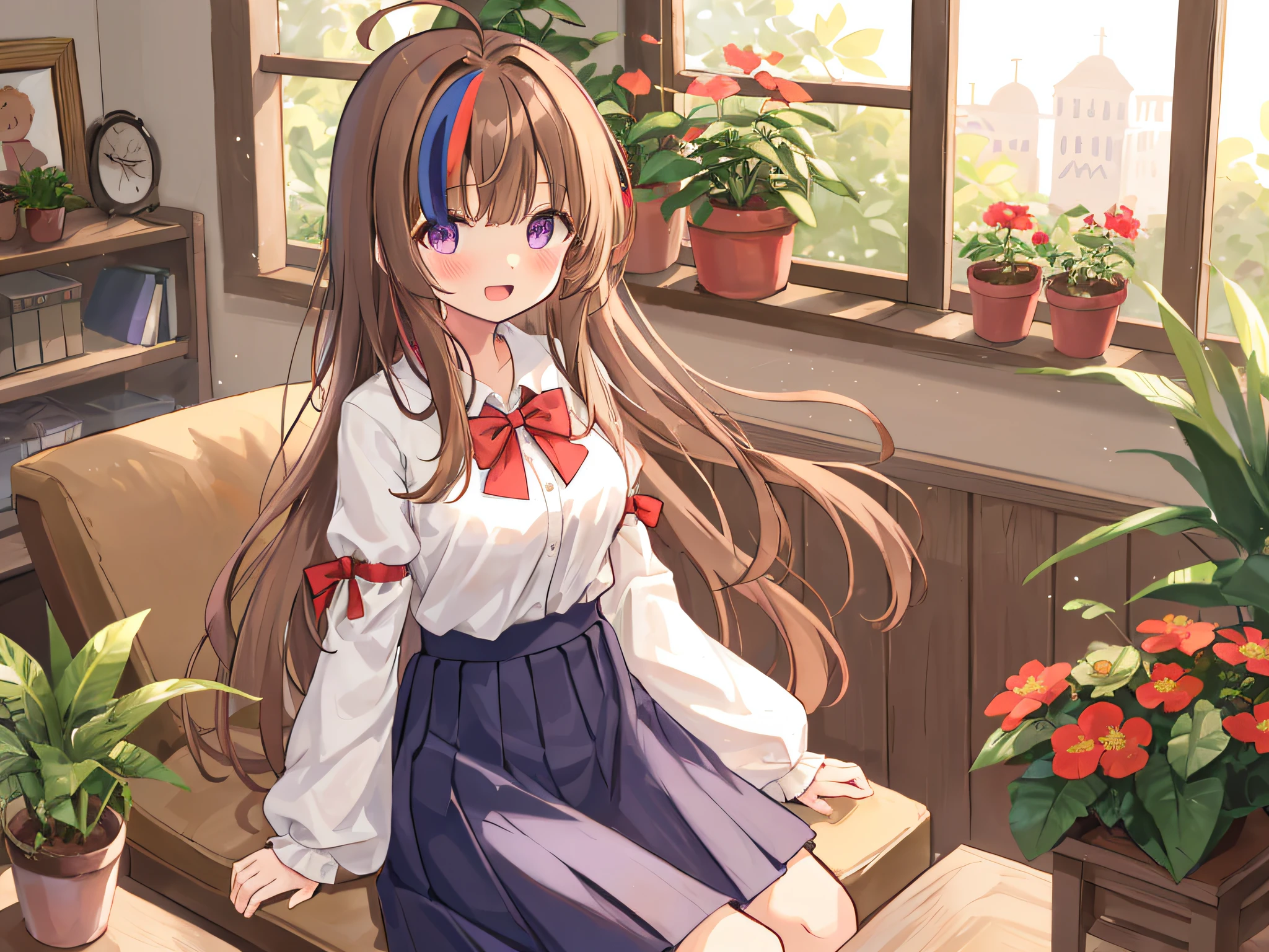 Girl, ahoge, bangs, Blush, bow, Breasts, Brown hair, flower, hair adornments, Indoors, Long hair, Long sleeves, view the viewer, Medium breasts, Open mouth, plant, potted plant, Purple eyes, Red bow, shirt, Sitting, Skirt, Smile, Solo, streaked, Very long hair, White shirt, Wide sleeves, window