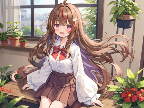 Girl, ahoge, bangs, Blush, bow, Breasts, Brown hair, flower, hair adornments, Indoors, Long hair, Long sleeves, view the viewer, Medium breasts, Open mouth, plant, potted plant, Purple eyes, Red bow, shirt, Sitting, Skirt, Smile, Solo, streaked, Very long ...