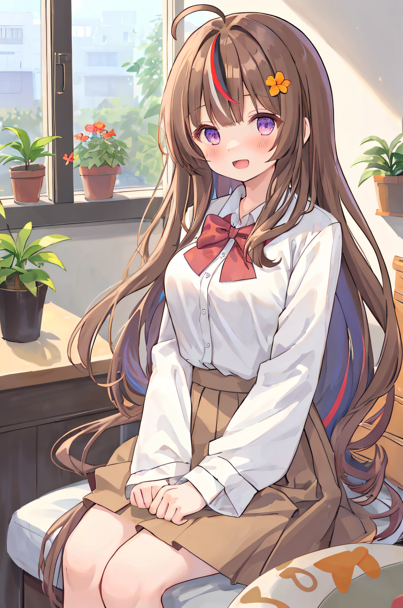 Girl, ahoge, bangs, Blush, bow, Breasts, Brown hair, flower, hair adornments, Indoors, Long hair, Long sleeves, view the viewer, Medium breasts, Open mouth, plant, potted plant, Purple eyes, Red bow, shirt, Sitting, Skirt, Smile, Solo, streaked, Very long hair, White shirt, Wide sleeves, window