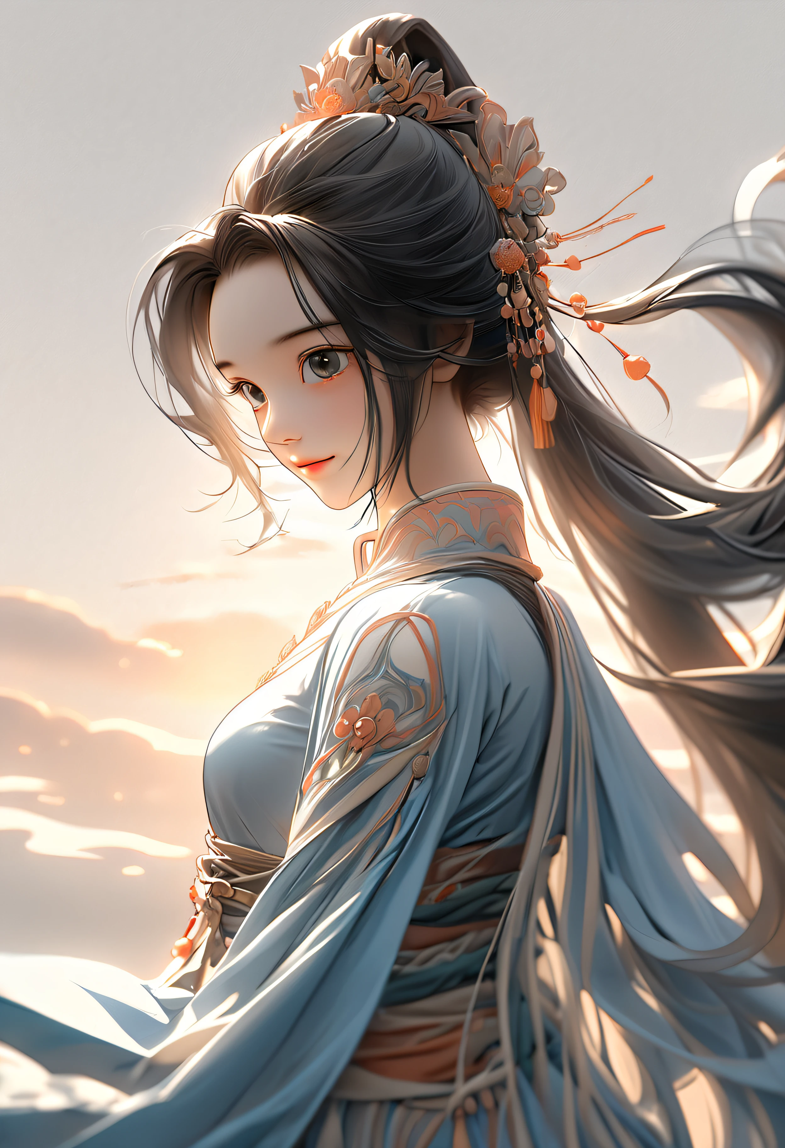 Un retour sur la caméra, 3/4 angles, vue de côté, Fermer, sourire, cheveux longs noirs, Hanfu noir, Costume Tang, Lumière naturelle, Lumière latérale, coucher de soleil, 3D, c4d, Rendu OC, Illustration de style chinois, Style futuriste, -AR 9:16- Niji 5