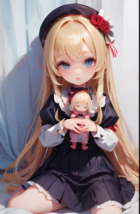 Anime girl with long blonde hair holding a cat in a bag SeaArt AI