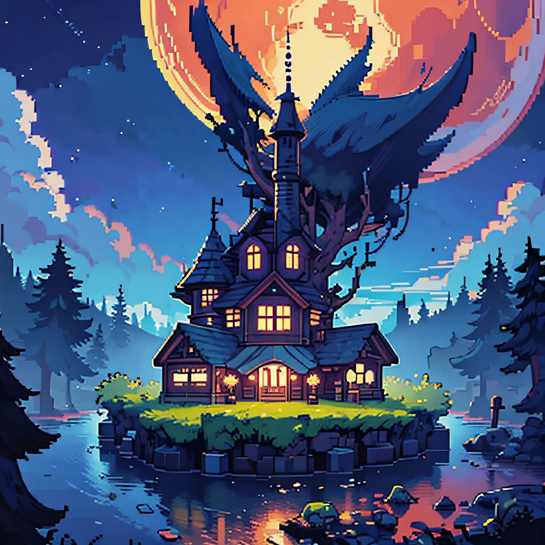 Pixel art midnight landscape, 3d pixel art 4k wallpaper, incredible pixel art details, pixel art, detailed unreal engine pixel art, full moon sky, midnight.