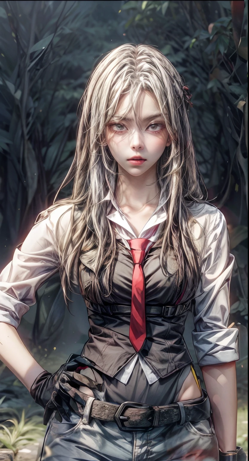 Alta calidad realista, chica de anime con cabello blanco largo y corbata roja de pie frente a un bosque, yandere gapmoe, portrait yandere gapmoe grimdark, yandere gapmoe grimdark, from chicas de primera línea, yandere. alto, yandere, rei hiroe rama laguna negra, akane owari danganronpa, anime jormungand, finos detalles. chicas de primera línea