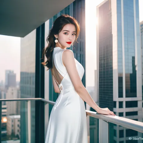 nobuyoshi araki is a woman in a white dress standing on the balcony，the background is the city skyline, stunning elegant pose,su...