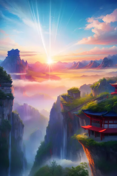 There is a small red building on the mountain, author：Cheng Jiasui, Chinese landscape, author：Yuan Jiang, an amazing landscape image, zhangjiajie in early morning, author：Liu Haisu, by Raymond Han, breathtaking mountains, author：Xia Yong, Floating mountain...