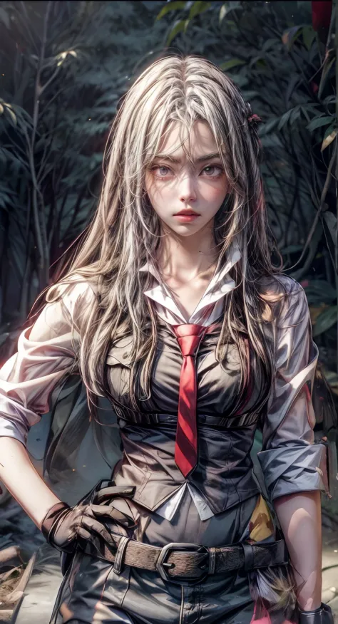 realistic high quality, anime girl with long white hair and red tie standing in front of a forest, gapmoe yandere, portrait gapm...