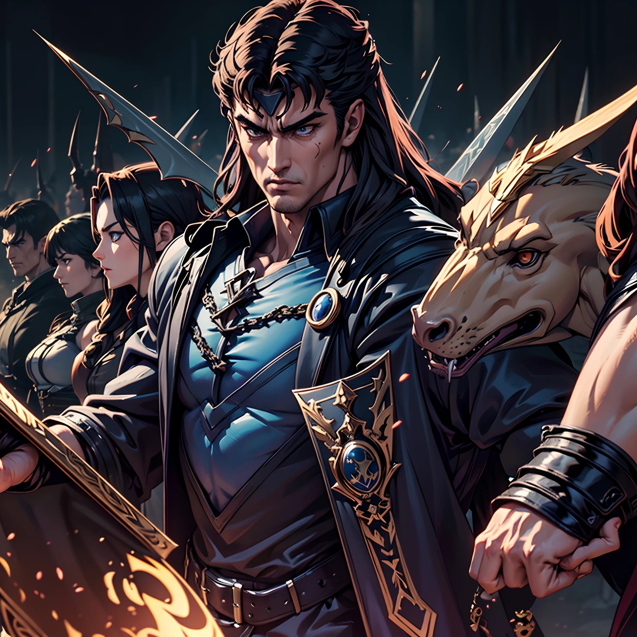 Castlevania Hiperrealista El Señor de las Sombras Súper detallado Hokuto no Ken Kenshiro Estilo musculoso Disparos dinámicos La obra maestra de Lord Drácula Liderando las tropas Ejército demoníaco en la batalla Detalles nítidos Escenas de película Amplio entorno de guerra