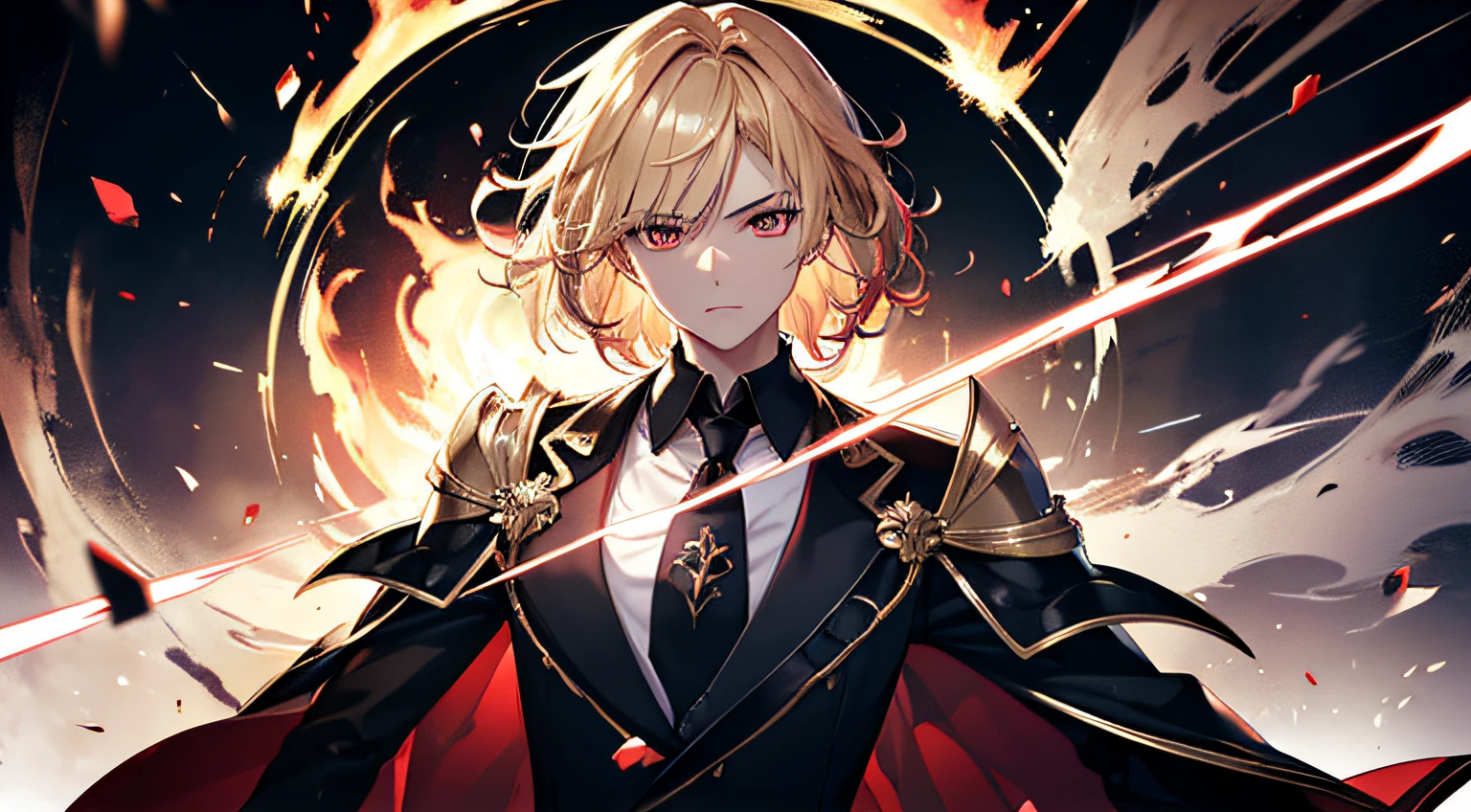 (ultra-detailed, perfect pixel, highres, best quality, beautiful eyes finely detailed), 19 years old anime boy, short raven hair, wavy hair, parted bangs, blonde hair, gradient hair color, flowing crimson hair that dances like flames, there is many red fire swirling around his body (transparent:0.7), showing his over power aura (dangerous and terrifying aura), dangerous, he holding a magical sword, magus, red eyes, long black coat, black shirt, ((neckwear, long tie)), black trousers, aristocrat, noble attire, ethereal, elegant, prestigious, realistic fire, the background is full of magical particles and realistic blue fire. lens flare, glowing light, reflection light, motion blur, 8k, super detail, ccurate, best quality, Ray tracing.