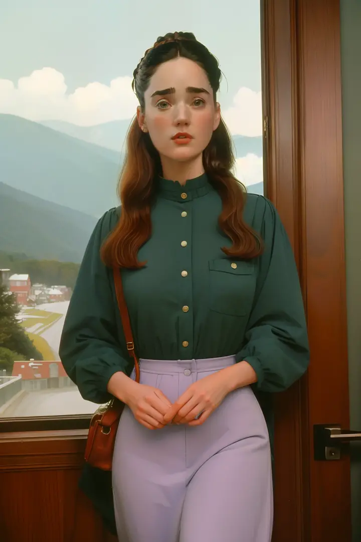 1995, massachusetts mountain village. Pre-raphaelite ((((40-year-old)) jennifer connelly)), doctor, going to work, ((((casual Cl...