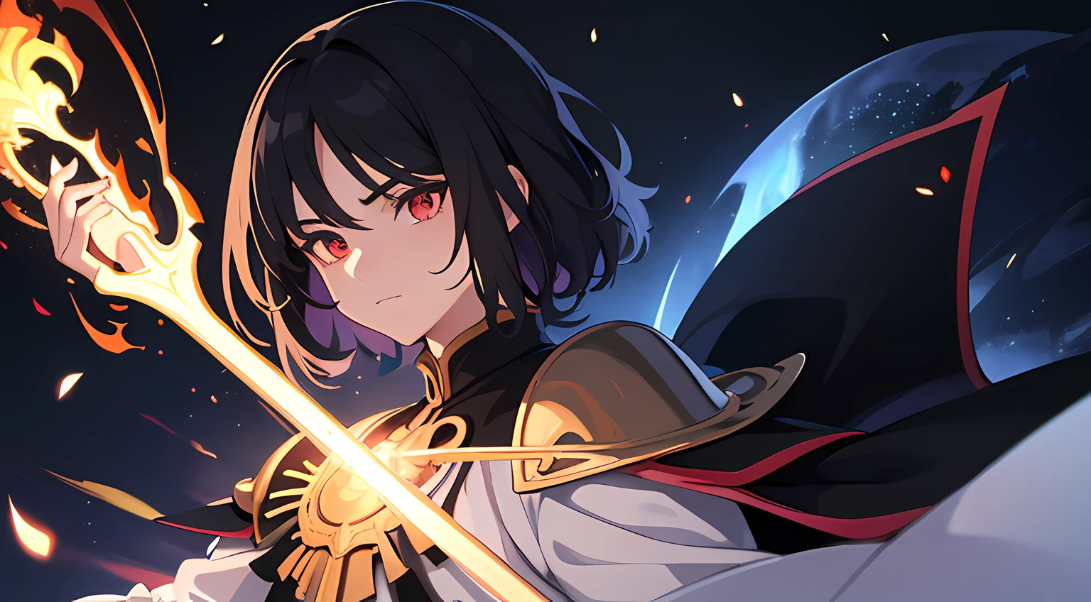 (ultra-detailed, perfect pixel, highres, best quality, beautiful eyes finely detailed), 19 years old anime boy, short raven hair, wavy hair, parted bangs, black hair, gradient hair color, flowing crimson hair that dances like flames, there is many red fire swirling around his body (transparent:0.7), showing his over power aura (dangerous and terrifying aura), dangerous, he holding a wizard staff, grand magus, red eyes, strong and heavy steel armor, prestigious, realistic fire, the background is full of magical particles and realistic blue fire. lens flare, glowing light, reflection light, motion blur, 8k, super detail, ccurate, best quality, Ray tracing.