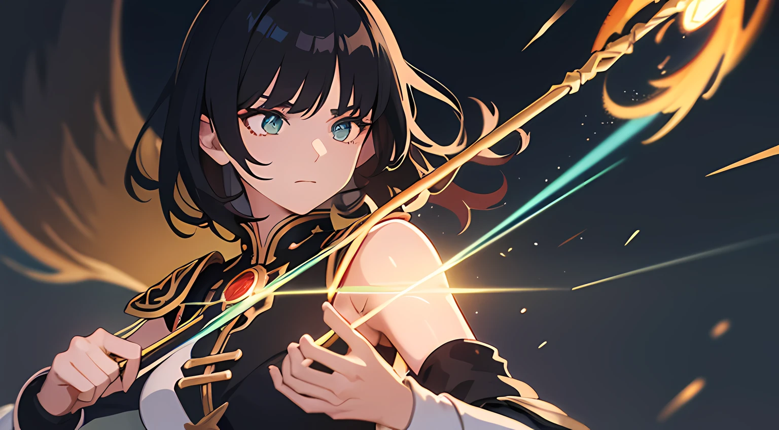 (ultra-detailed, perfect pixel, highres, best quality, beautiful eyes finely detailed), 19 years old anime girl, short raven hair, wavy hair, parted bangs, black hair, gradient hair color, flowing crimson hair that dances like flames, there is many red fire swirling around her body (transparent:0.7), showing her overpower aura (dangerous and terrifying aura), dangerous, she holding a wizard staff, grand magus, green eyes, strong and heavy steel armor, prestigious, realistic fire, the background is full of magical particles and realistic blue fire. lens flare, glowing light, reflection light, motion blur, 8k, super detail, ccurate, best quality, Ray tracing.