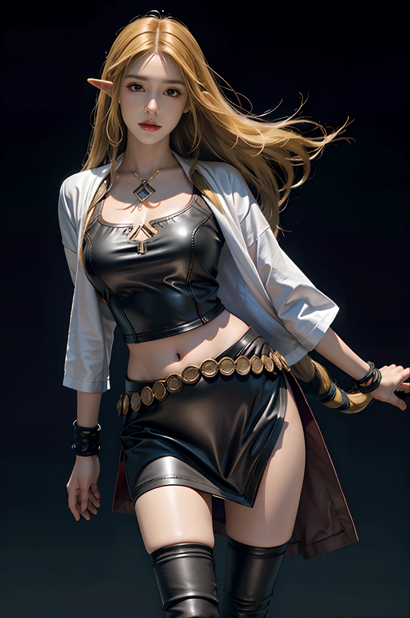 Photorealistic, high resolution, 1woman, Solo, Hips up, view the viewer, (Detailed face), Long wavy blonde hair, Leather outfit, Stockings, Black Plain background,adult,zelda