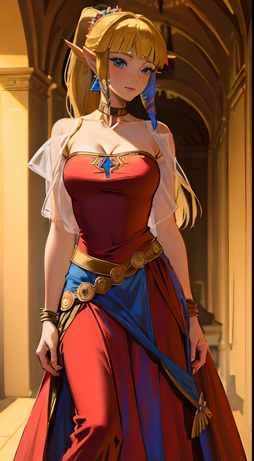 (adult woman:1.4)(masterpiece, best quality:1.2), 1girl,solo,(looking at viewer), princess, Zelda, red theme, long strapless dress, blonde hair, bare shoulders, blue eyes, palace, cowboy shot, ponytail,(blushing), (collar), (smiling:0.7),(see-through:0.3)(eyes open:1.3),(excited:0.4)(surprised:0.5),blue eyes