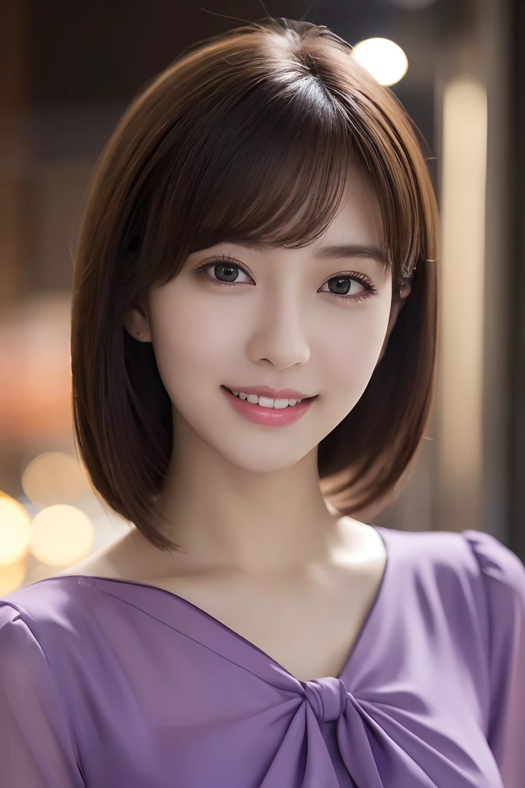 1girl in, (Wearing a purple blouse:1.2), (Raw photo, Best Quality), (Realistic, Photorealsitic:1.4), masutepiece, Extremely delicate and beautiful, Extremely detailed, 2k wallpaper, amazing, finely detail, the Extremely Detailed CG Unity 8K Wallpapers, Ultra-detailed, hight resolution, Soft light, Beautiful detailed girl, extremely detailed eye and face, beautiful detailed nose, Beautiful detailed eyes, Cinematic lighting, city light at night, Perfect Anatomy, Slender body, Smiling