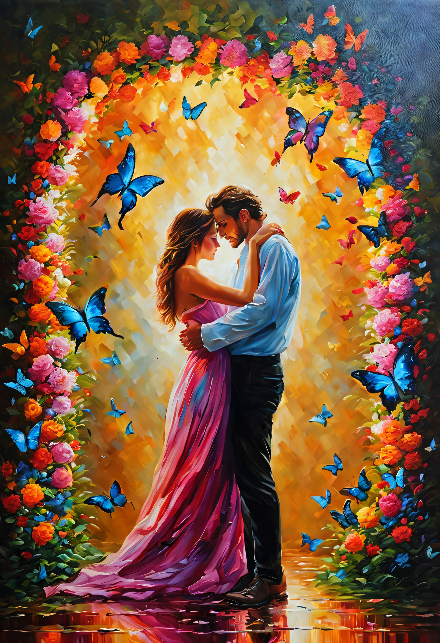 (best quality,4k,8k,highres,masterpiece:1.2),(oil painting),(lovers embracing),(flowers in bloom),(colorful butterflies),(vibrant colors),(realistic lighting),(unique composition),(romantic atmosphere)