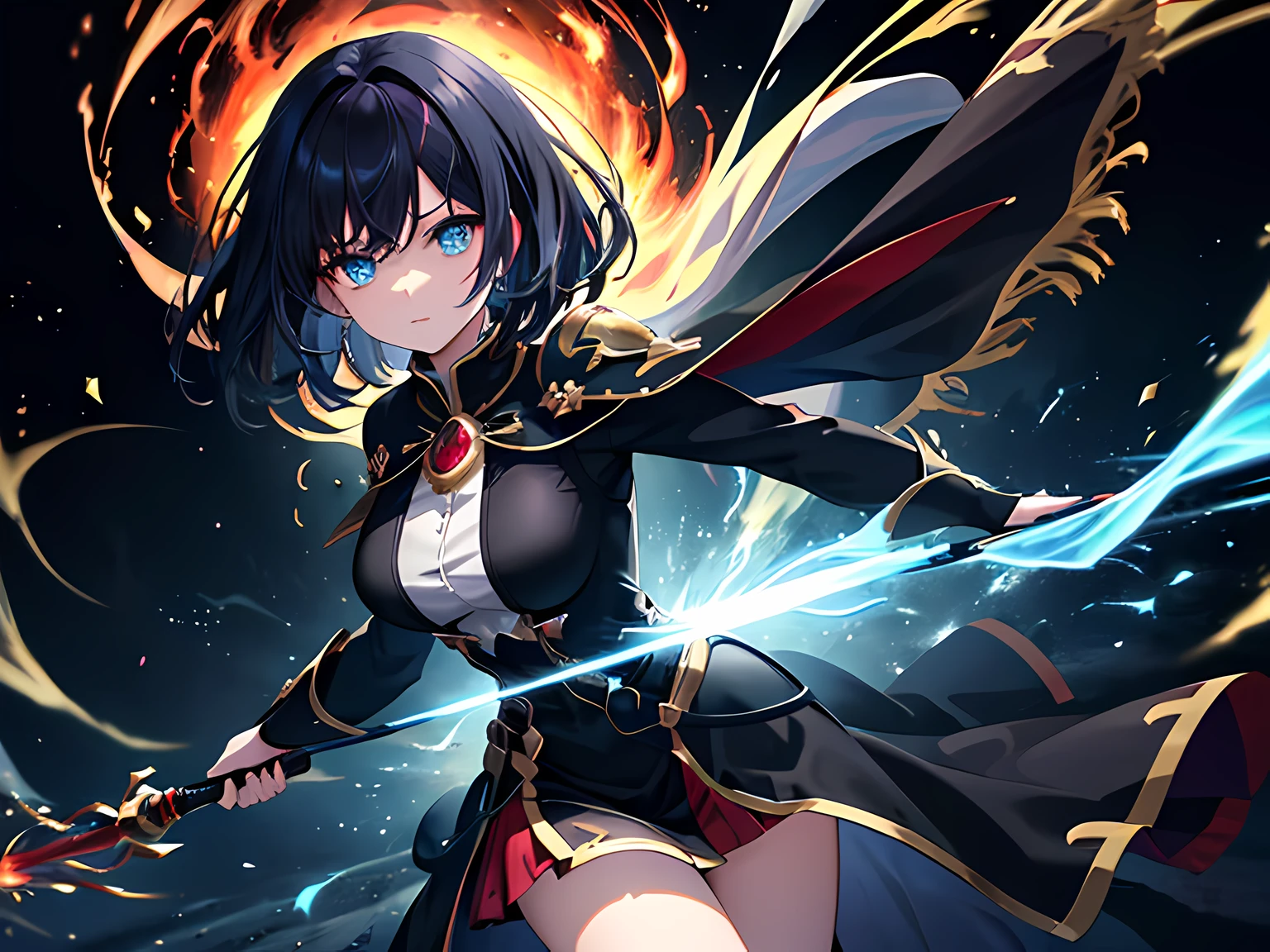 (ultra-detailed, perfect pixel, highres, best quality, beautiful eyes finely detailed), (full body:0.8), 19 years old anime girl, short raven hair, wavy hair, parted bangs, black hair, gradient hair color, flowing crimson hair that dances like flames, there is many red fire swirling around her body (transparent:0.7), showing her overpower aura (dangerous and terrifying aura), dangerous, she holding a wizard staff, casting a powerful explosion magic, grand magus, green eyes, strong and heavy steel armor, prestigious, realistic fire, the background is full of magical particles and realistic blue fire. lens flare, glowing light, reflection light, motion blur, 8k, super detail, ccurate, best quality, Ray tracing.